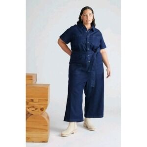 Universal Standard Women's Kate Denim Ankle Jumpsuit Blue Stretch Pockets Size M